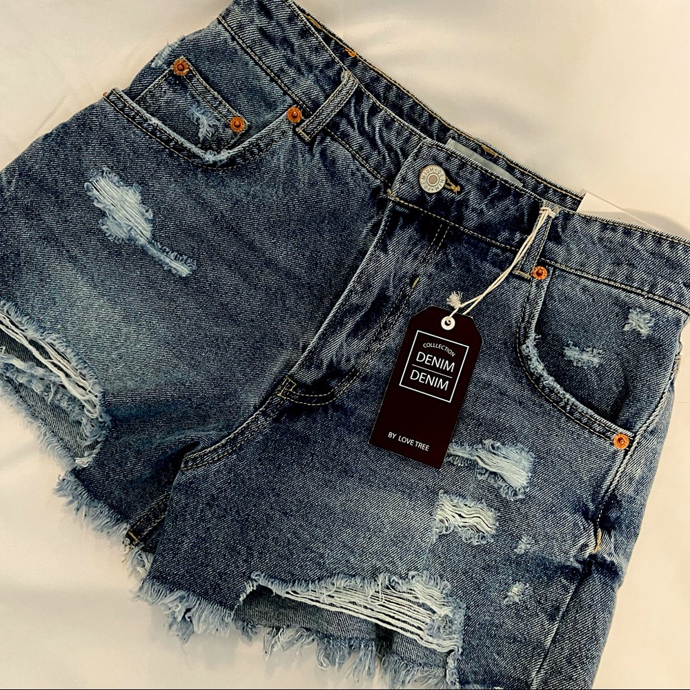 Love Tree Denim High Waisted Distressed Denim Shorts -Small